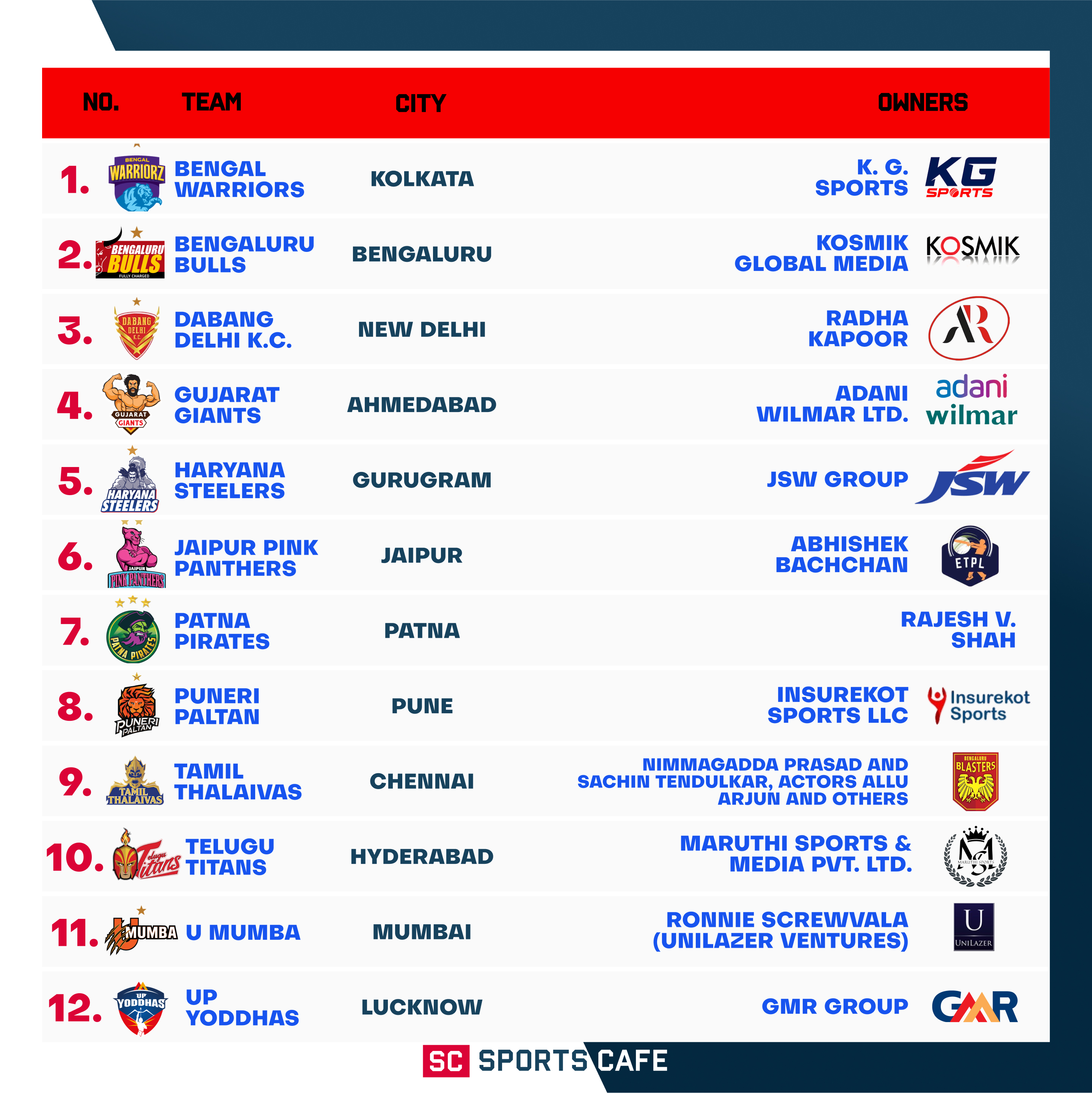 Table of Pro Kabaddi Team Owners.